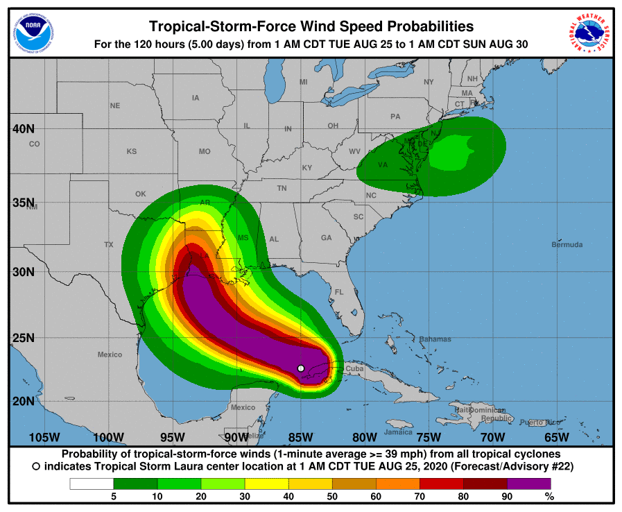 5-Day Tropical-Storm-Force Wind Speed Probabilities | August 25, 2020, 2am ET