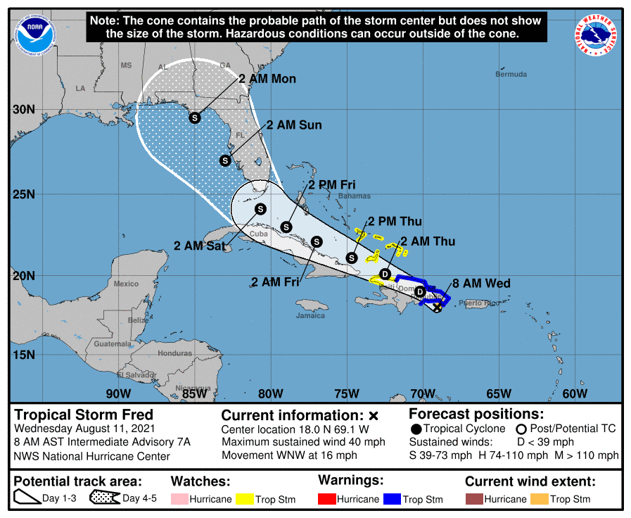 Tropical Storm Fred Forecast Cone | August 11, 2021 8:00am AST