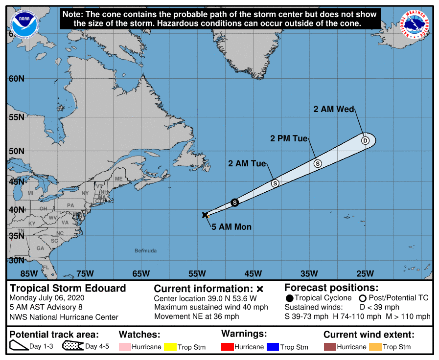 Tropical Storm Edouard Track - July 6, 2020, 5am AST