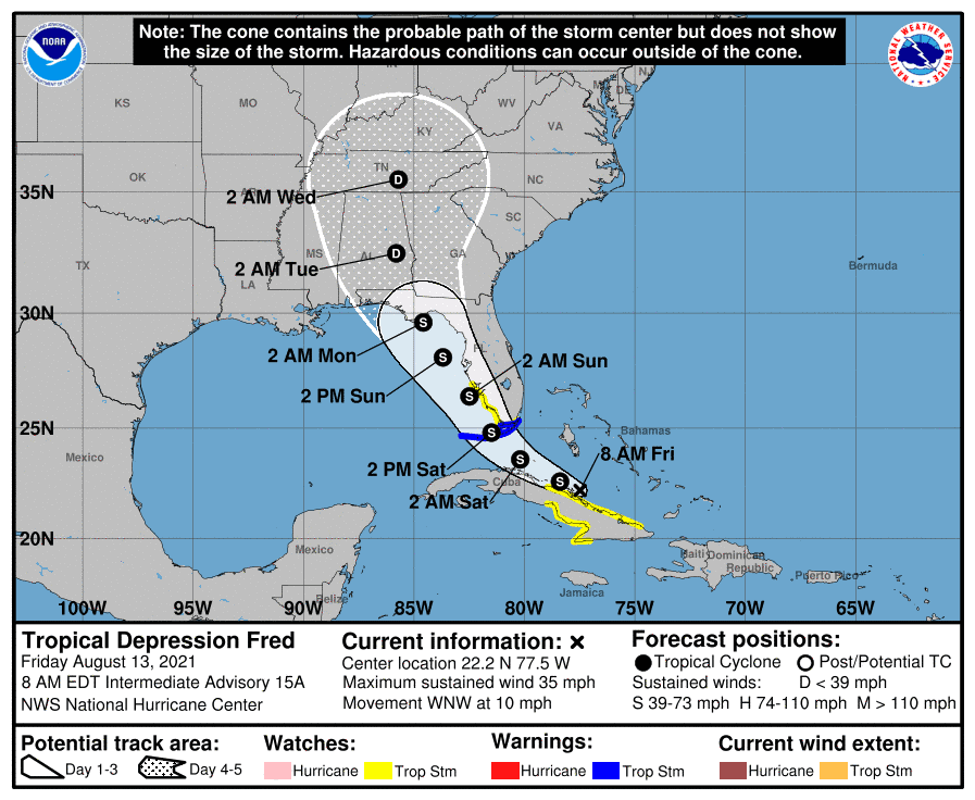 Tropical Depression Fred Forecast Cone | August 13, 2021 8am EDT