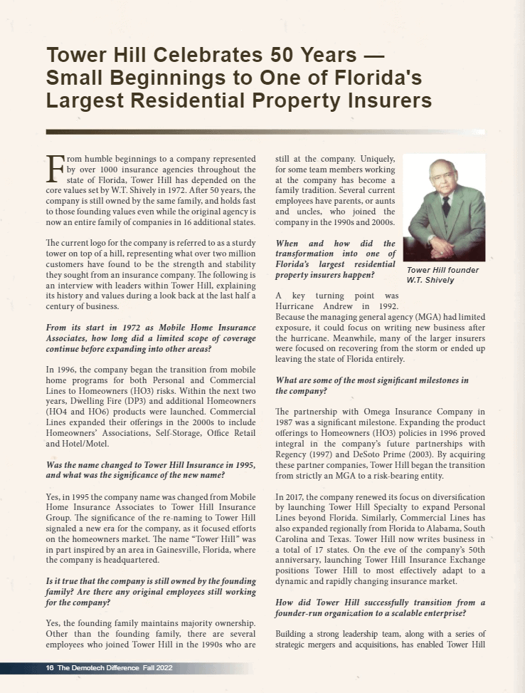 Tower Hill featured in Fall 2022 Demotech Difference Tower Hill Insurance