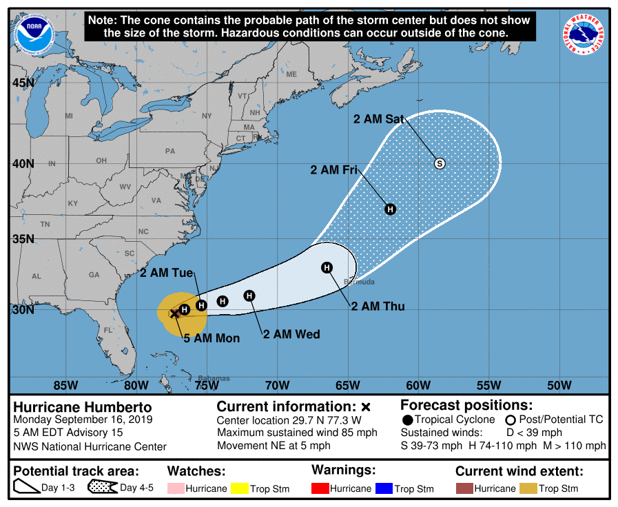 Humberto NHC Forecast Cone | September 16, 2019 5am ET