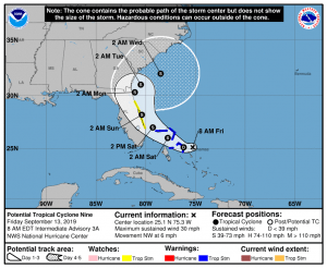 PTC9 NHC Forecast Cone | September 13, 2019 8am ET