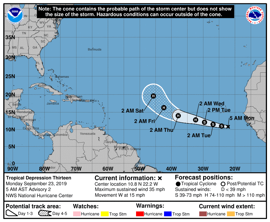 Tropical Depression 13 Forecast Cone | 23 September 2019