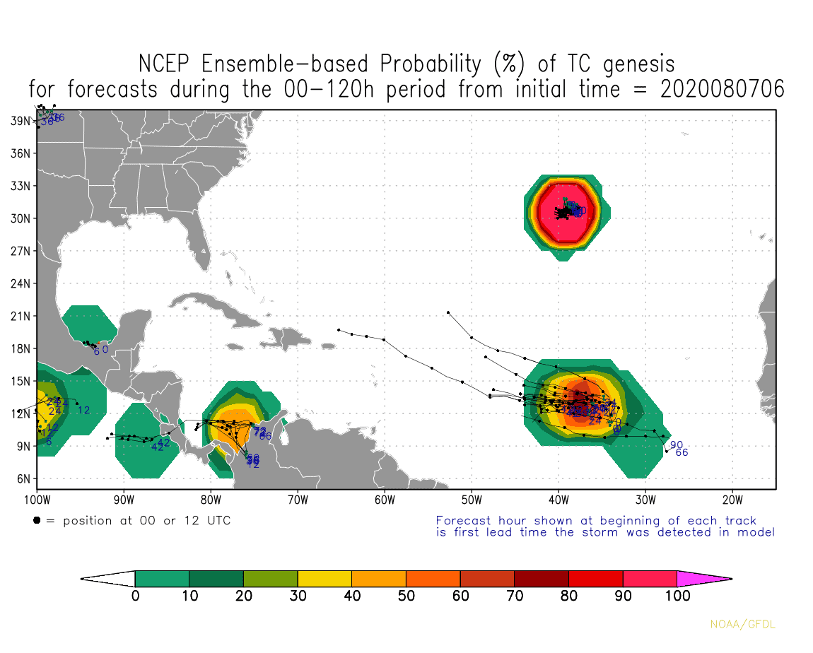 NCEP Ensemble-based Probability (%) of tropical cyclone genesis for forecasts during the 00-120h period | August 7, 2020, 6:00am