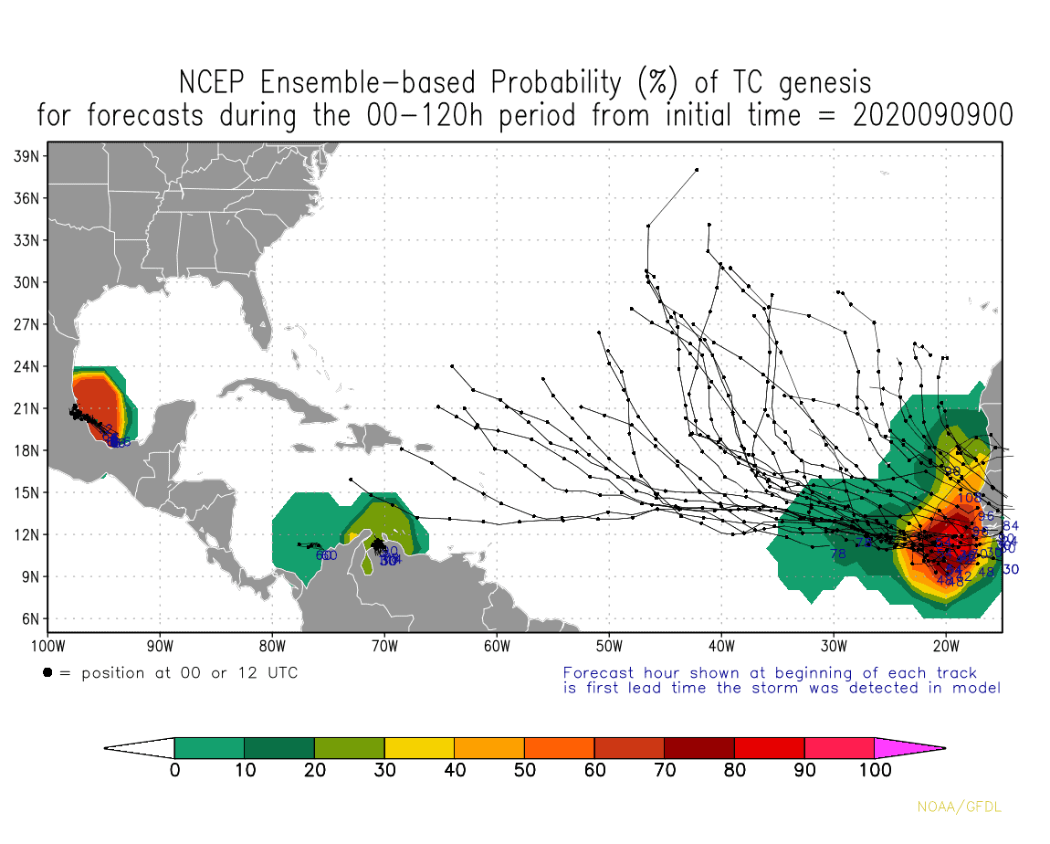 NCEP Ensemble-based Probability (%) of Tropical Cyclone genesis | September 9, 2020