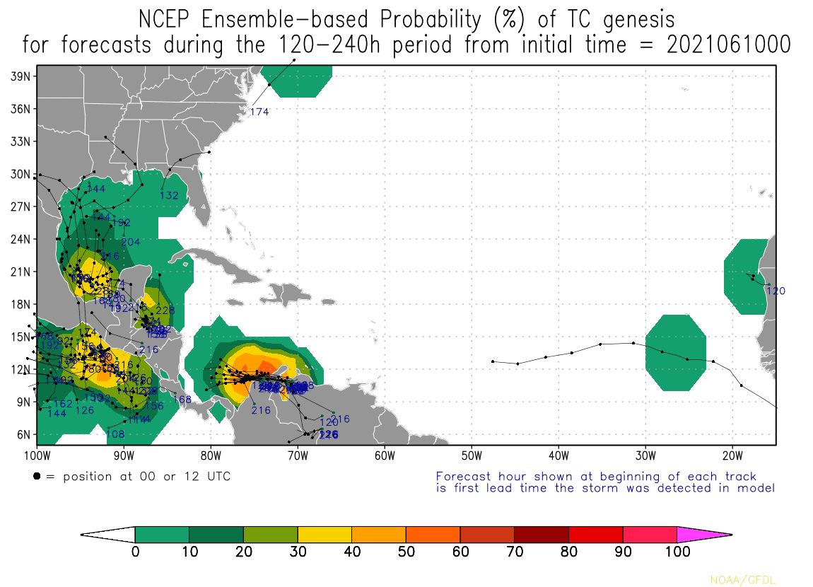 NCEP Ensemble-based Probability (%) of TC genesis for forecasts during the 120-240h period from initial time = 2021061000