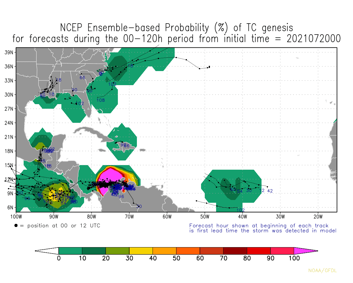 NCEP Ensemble-based Probability (%) of TC genesis for forecasts during the 00-120h period from initial time = 2021072000