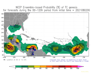 NCEP Ensemble-based Probability (%) of TC genesis | August 2, 2021