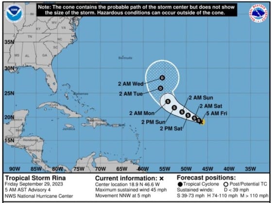 Tropical Storm Rina Forecast Cone | September 29, 2023