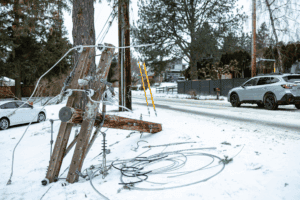 A downed power line from intense winter storm.
